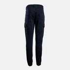 Dark navy blue cargo pants shown from the back, featuring side cargo pockets and a relaxed straight-leg fit, on a light gray background. 7 For All Mankind Cargo Pants available at Sakks Menswear in Southampton.