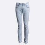 Light wash blue skinny jeans shown on a headless mannequin against a plain light gray background. 7 For All Mankind Jeans available at Sakks Menswear in Southampton.