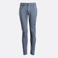 A pair of slim-fit, straight-leg jeans in a muted slate blue color, displayed on a clean, light gray background. 7 For All Mankind Chinos available at Sakks Menswear in Southampton.
