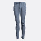 A pair of slim-fit, straight-leg jeans in a muted slate blue color, displayed on a clean, light gray background. 7 For All Mankind Chinos available at Sakks Menswear in Southampton.
