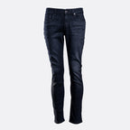 Dark navy blue slim-fit jeans shown on a headless mannequin against a light gray background. 7 For All Mankind Jeans available at Sakks Menswear in Southampton.