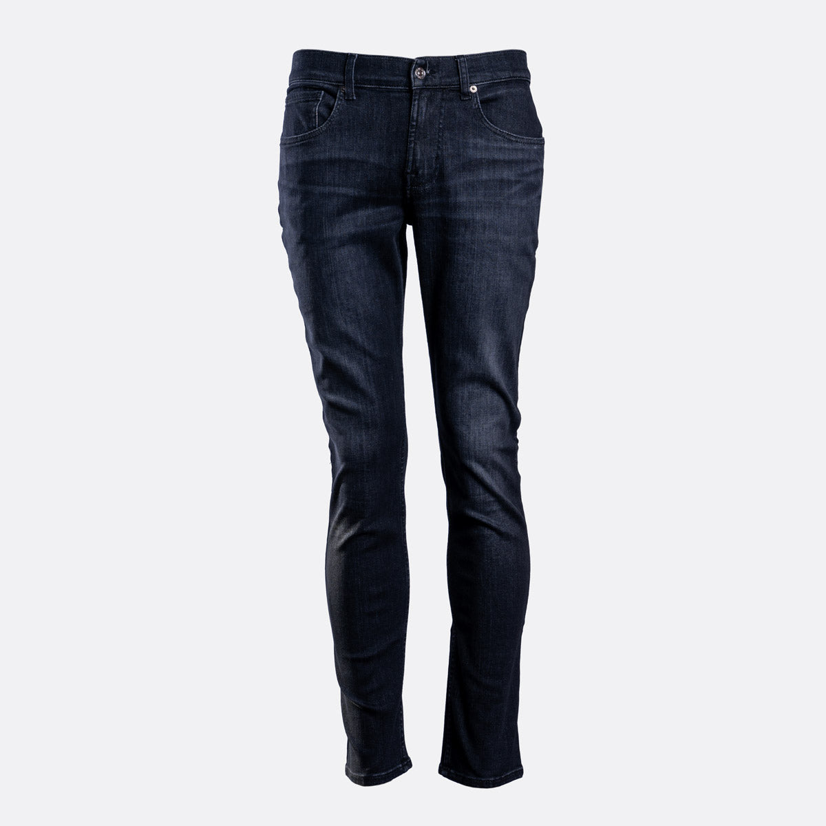 Dark navy blue slim-fit jeans shown on a headless mannequin against a light gray background. 7 For All Mankind Jeans available at Sakks Menswear in Southampton.