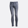 A pair of slim-fit gray denim jeans shown from the front on a light gray background. Replay Jeans available at Sakks Menswear in Southampton.