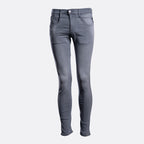 A pair of slim-fit gray denim jeans shown from the front on a light gray background. Replay Jeans available at Sakks Menswear in Southampton.