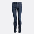 A pair of slim-fit dark blue denim jeans shown on a headless mannequin form against a light gray background. Replay Jeans available at Sakks Menswear in Southampton.