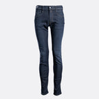 A pair of slim-fit dark blue denim jeans shown on a headless mannequin form against a light gray background. Replay Jeans available at Sakks Menswear in Southampton.