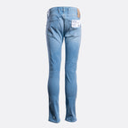 Light blue slim-fit jeans shown from the back, featuring a white brand label in the back pocket and a brown leather patch on the waistband, set against a plain light gray background. Replay Jeans available at Sakks Menswear in Southampton.