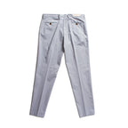 A pair of light gray slim-fit trousers shown from the back, featuring a buttoned rear pocket and a small rectangular brand patch at the waistband, laid flat against a white background. Briglia 1949 Trousers available at Sakks Menswear in Southampton.