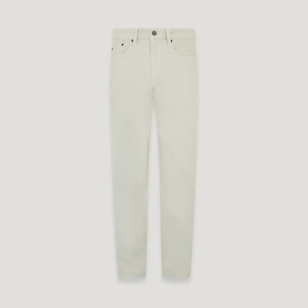 A pair of slim-fit jeans in a light cream or off-white color, shown flat against a solid light gray background. Belstaff Chino available at Sakks Menswear in Southampton.