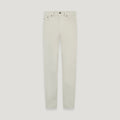 A pair of slim-fit jeans in a light cream or off-white color, shown flat against a solid light gray background. Belstaff Chino available at Sakks Menswear in Southampton.