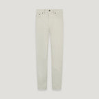 A pair of slim-fit jeans in a light cream or off-white color, shown flat against a solid light gray background. Belstaff Chino available at Sakks Menswear in Southampton.
