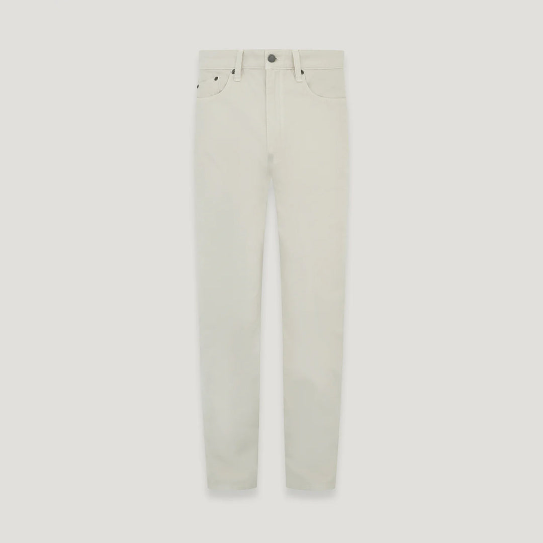 A pair of slim-fit jeans in a light cream or off-white color, shown flat against a solid light gray background. Belstaff Chino available at Sakks Menswear in Southampton.