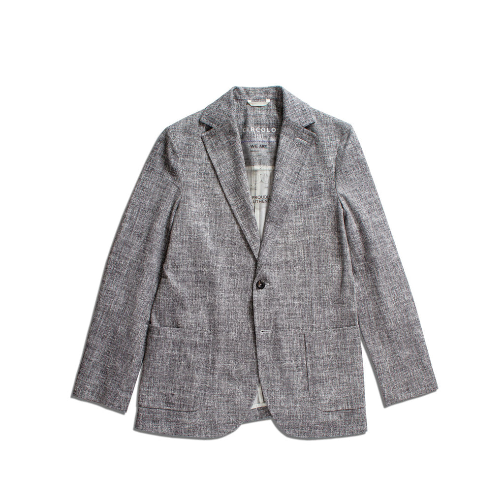 A gray and white textured tweed blazer jacket with notch lapels and a single button closure, shown flat on a white background. Circolo 1901 Blazer available at Sakks Menswear in Southampton.