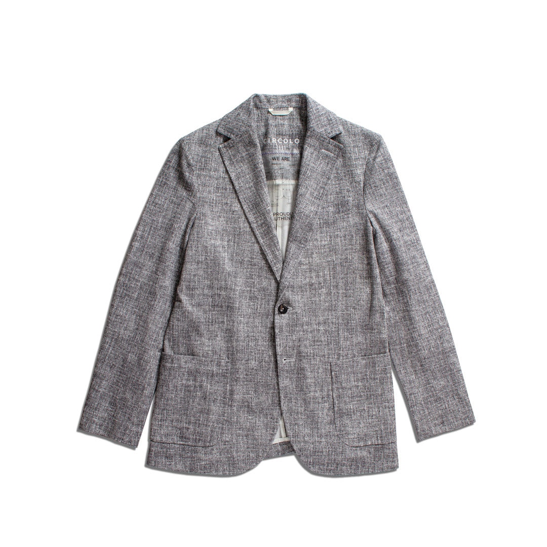 A gray and white textured tweed blazer jacket with notch lapels and a single button closure, shown flat on a white background. Circolo 1901 Blazer available at Sakks Menswear in Southampton.