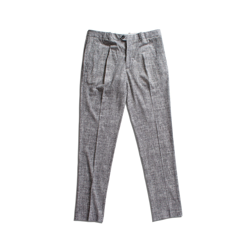 A pair of gray textured trousers with a subtle houndstooth or tweed pattern, shown flat against a solid white background. Circolo 1901 Trousers available at Sakks Menswear in Southampton.