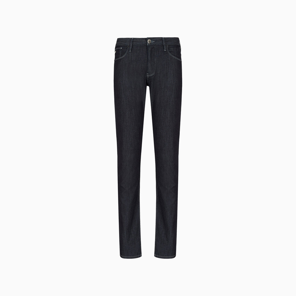 Dark wash slim-fit jeans shown flat against a plain white background. Emporio Armani Jeans. Sakks Menswear Southampton.