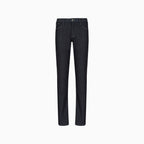 Dark wash slim-fit jeans shown flat against a plain white background. Emporio Armani Jeans. Sakks Menswear Southampton.