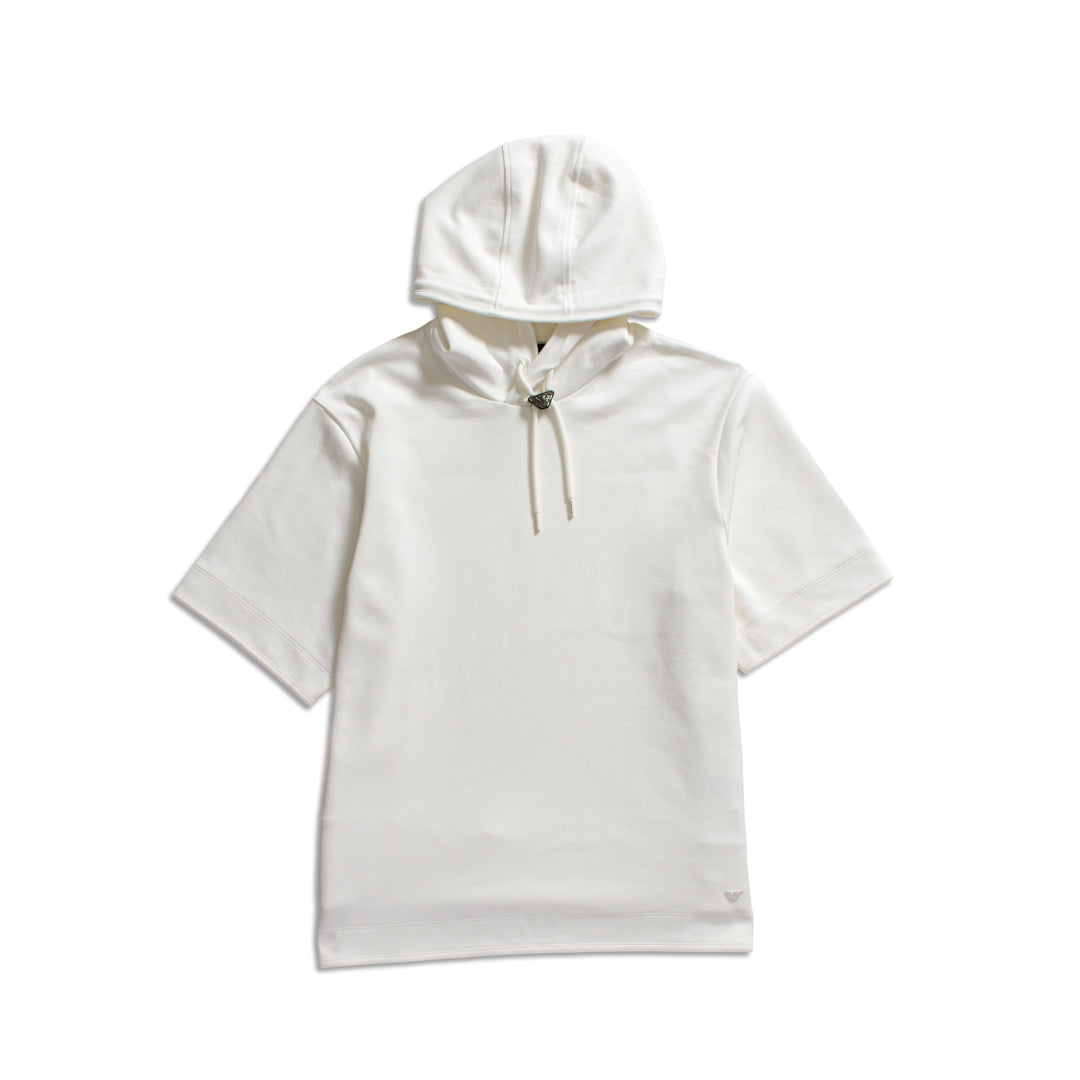 A white short-sleeve hooded sweatshirt with a drawstring hood, photographed flat against a solid white background. Emporio Armani Short Sleeved Hoodie. Sakks Menswear Southampton.
