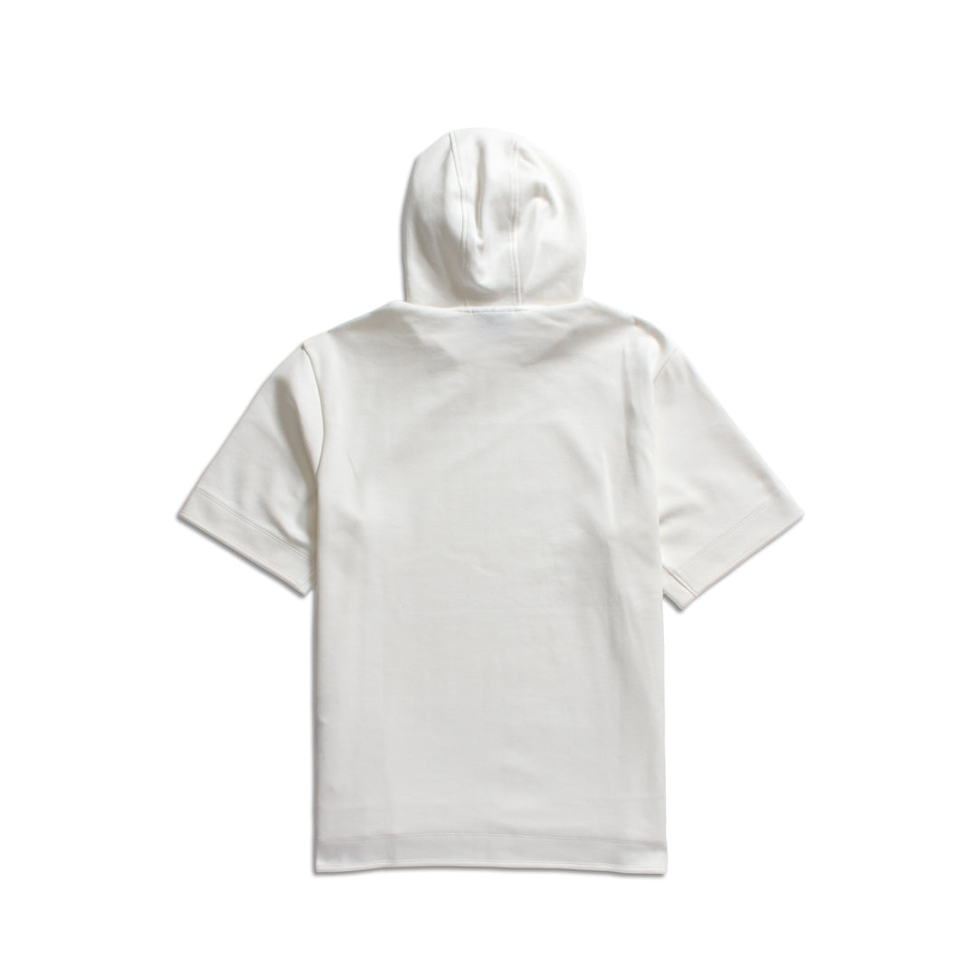 A plain white short-sleeve hooded t-shirt shown from the back, photographed against a seamless white background. Emporio Armani Short Sleeved Hoodie. Sakks Menswear Southampton.