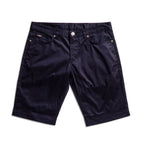 Dark navy blue denim shorts with rolled cuffs, shown flat on a white background. Emporio Armani Shorts. Sakks Menswear Southampton.
