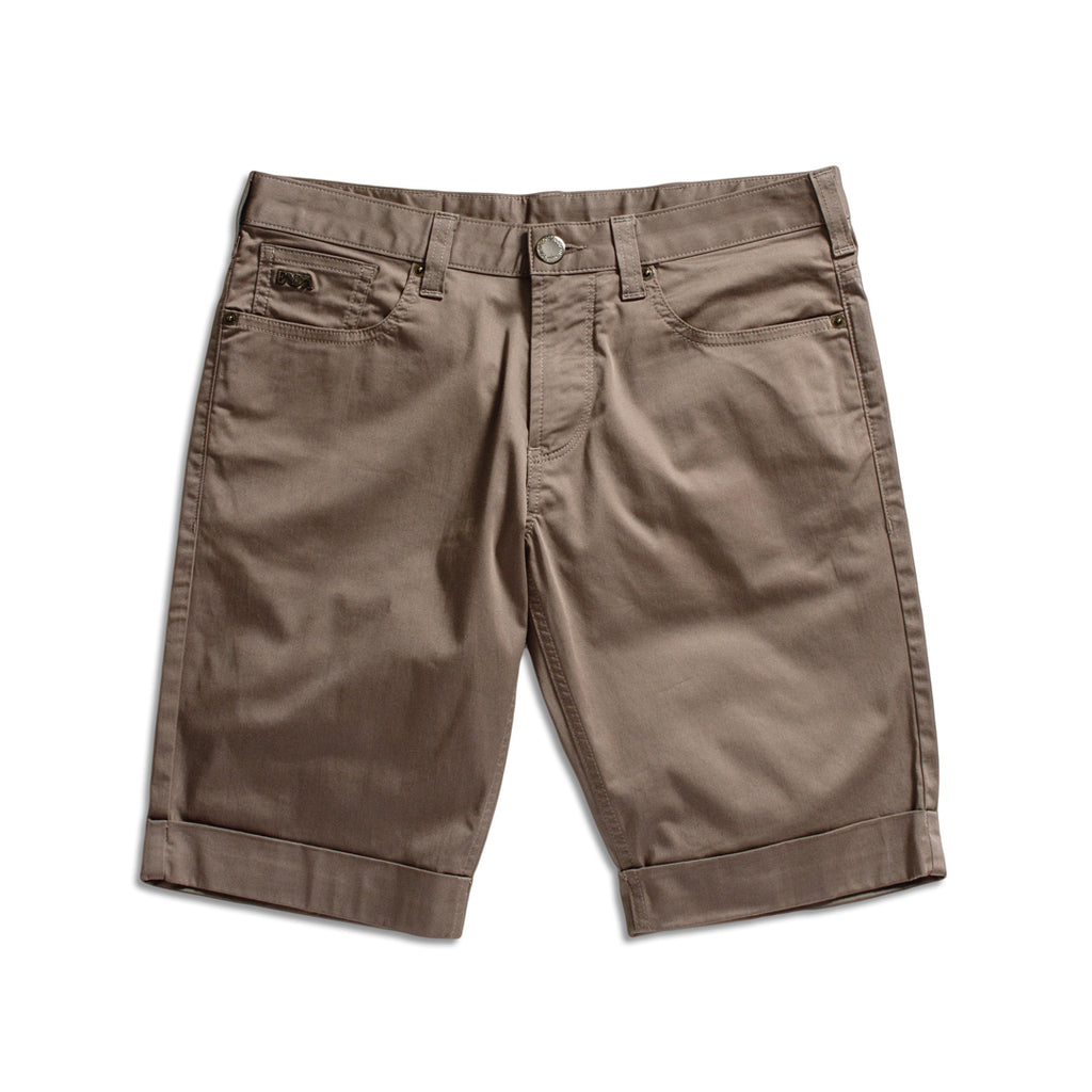 A pair of brown chino shorts with rolled cuffs, shown flat against a white background. Emporio Armani Shorts. Sakks Menswear Southampton.