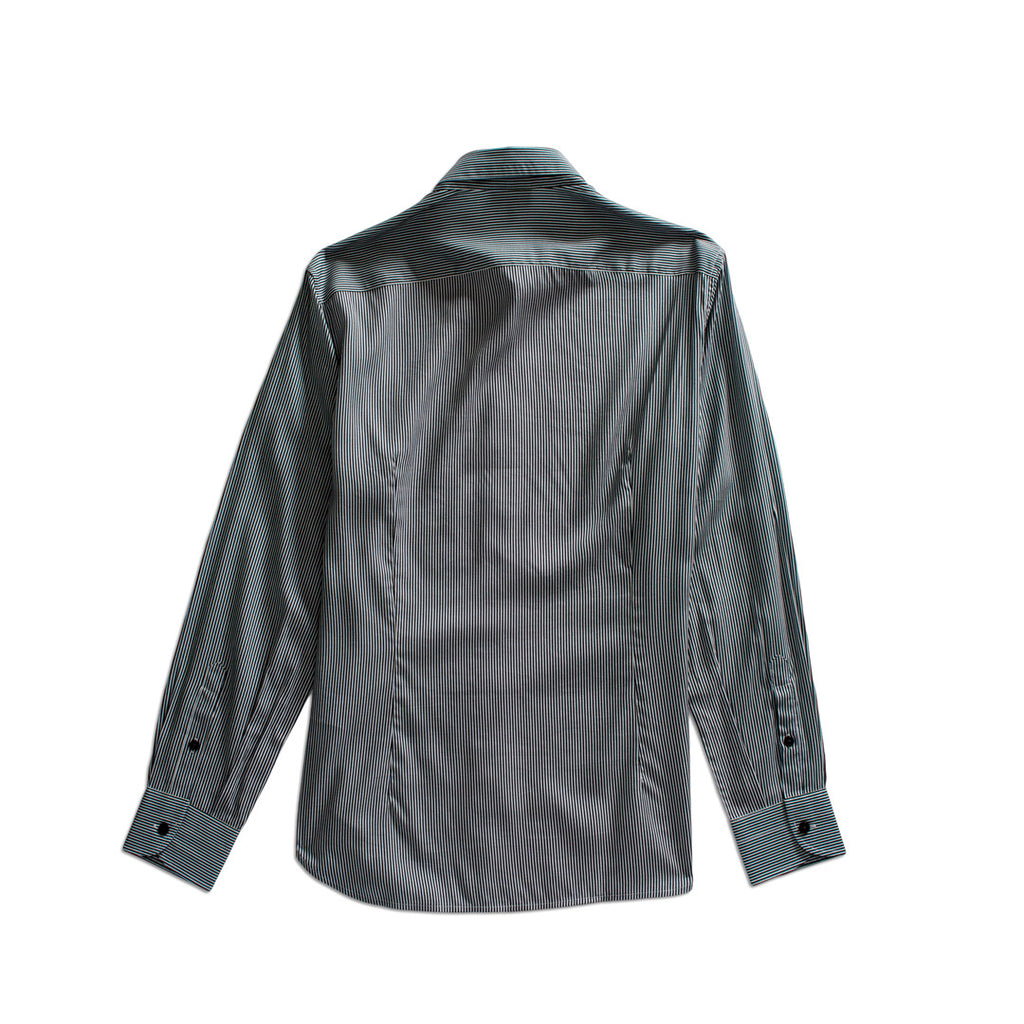 A long-sleeve button-up shirt shown from the back, featuring a subtle vertical stripe pattern in dark gray and black on a light gray base, set against a plain white background.Emporio Armani Shirt. Sakks Menswear Southampton.