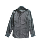 A long-sleeve button-up shirt shown from the back, featuring a subtle vertical stripe pattern in dark gray and black on a light gray base, set against a plain white background.Emporio Armani Shirt. Sakks Menswear Southampton.