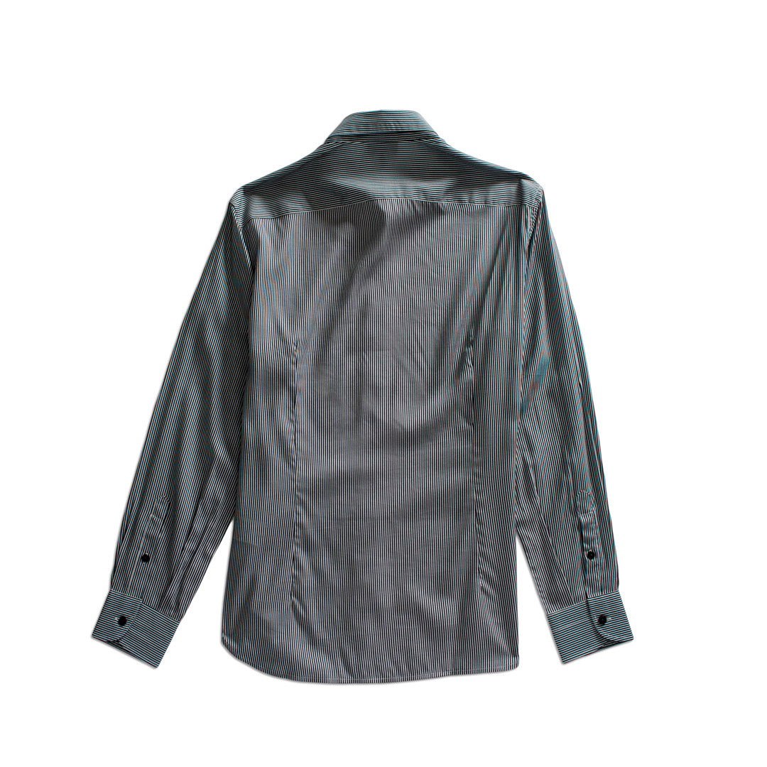 A long-sleeve button-up shirt shown from the back, featuring a subtle vertical stripe pattern in dark gray and black on a light gray base, set against a plain white background.Emporio Armani Shirt. Sakks Menswear Southampton.