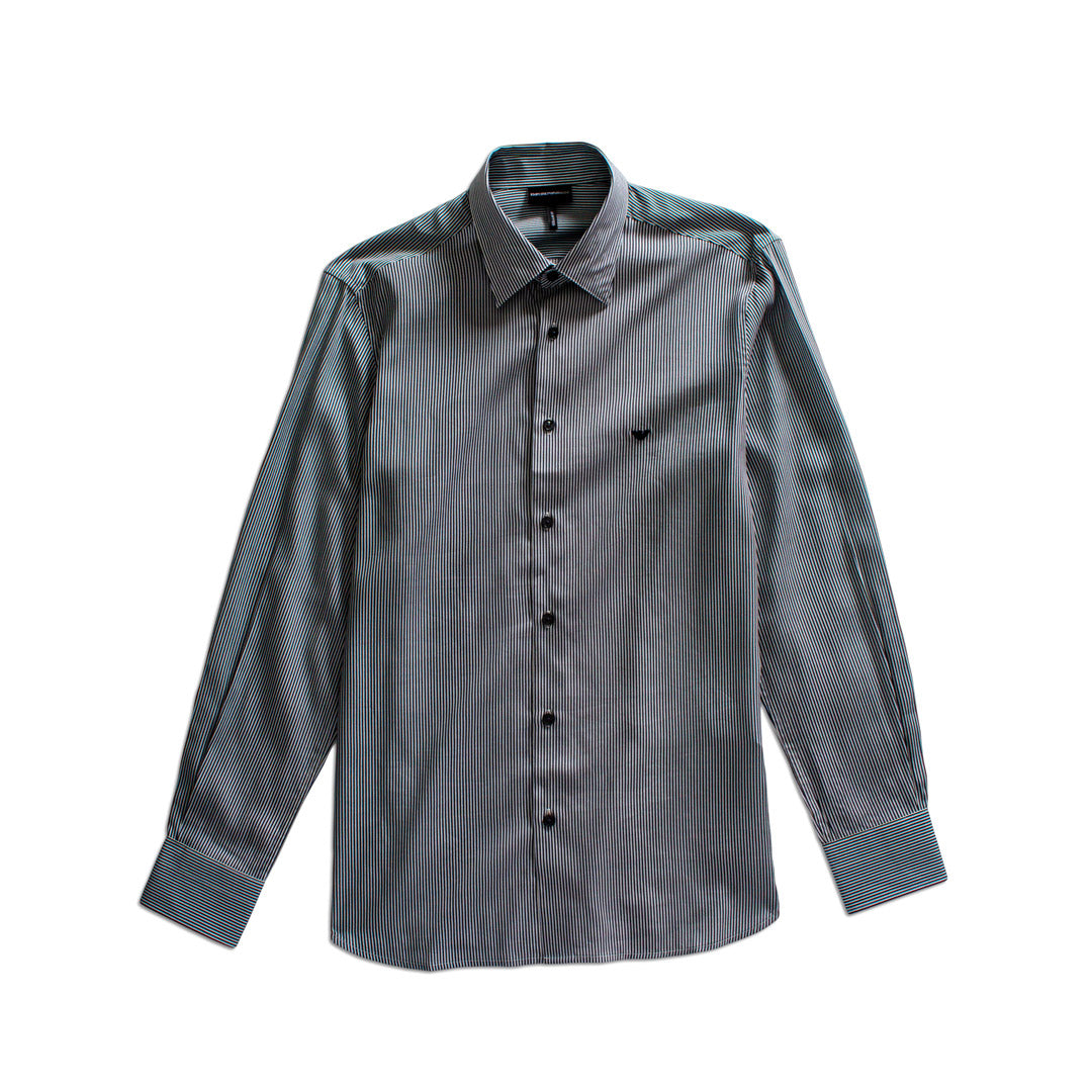 A long-sleeve button-up shirt in a gray and black micro-stripe pattern, featuring a small embroidered chest logo, shown on a plain white background. Emporio Armani Shirt. Sakks Menswear Southampton.