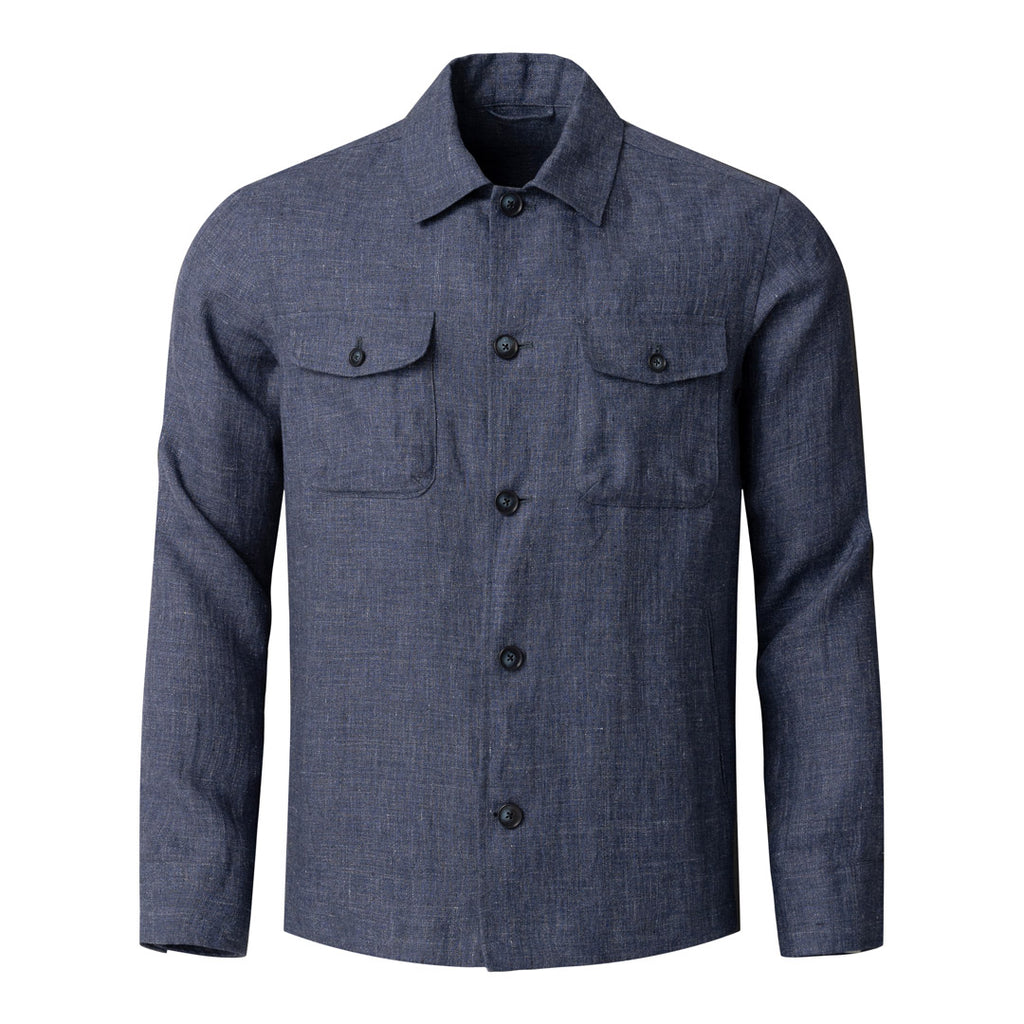A men's long-sleeve button-up shirt in a textured blue-grey fabric, featuring a classic collar, dark buttons, and two buttoned chest flap pockets, shown against a plain white background. Eton Shirt Jacket available at Sakks Menswear in Southampton.