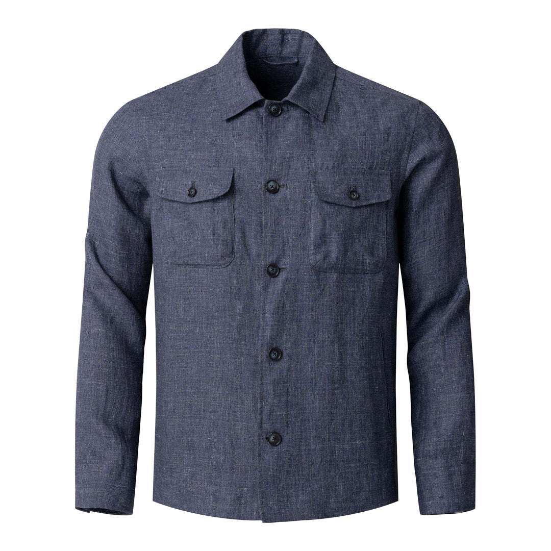 A men's long-sleeve button-up shirt in a textured blue-grey fabric, featuring a classic collar, dark buttons, and two buttoned chest flap pockets, shown against a plain white background. Eton Shirt Jacket available at Sakks Menswear in Southampton.