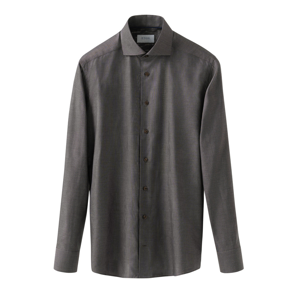 A dark grey long-sleeve button-down shirt with a spread collar, displayed on a clean white background. Eton Shirt available at Sakks Menswear in Southampton.