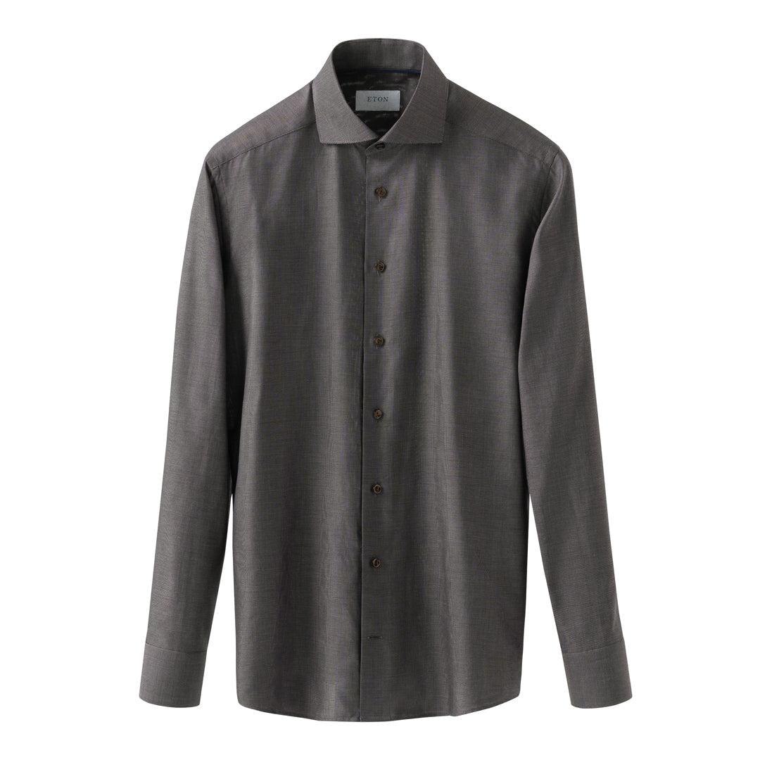 A dark grey long-sleeve button-down shirt with a spread collar, displayed on a clean white background. Eton Shirt available at Sakks Menswear in Southampton.