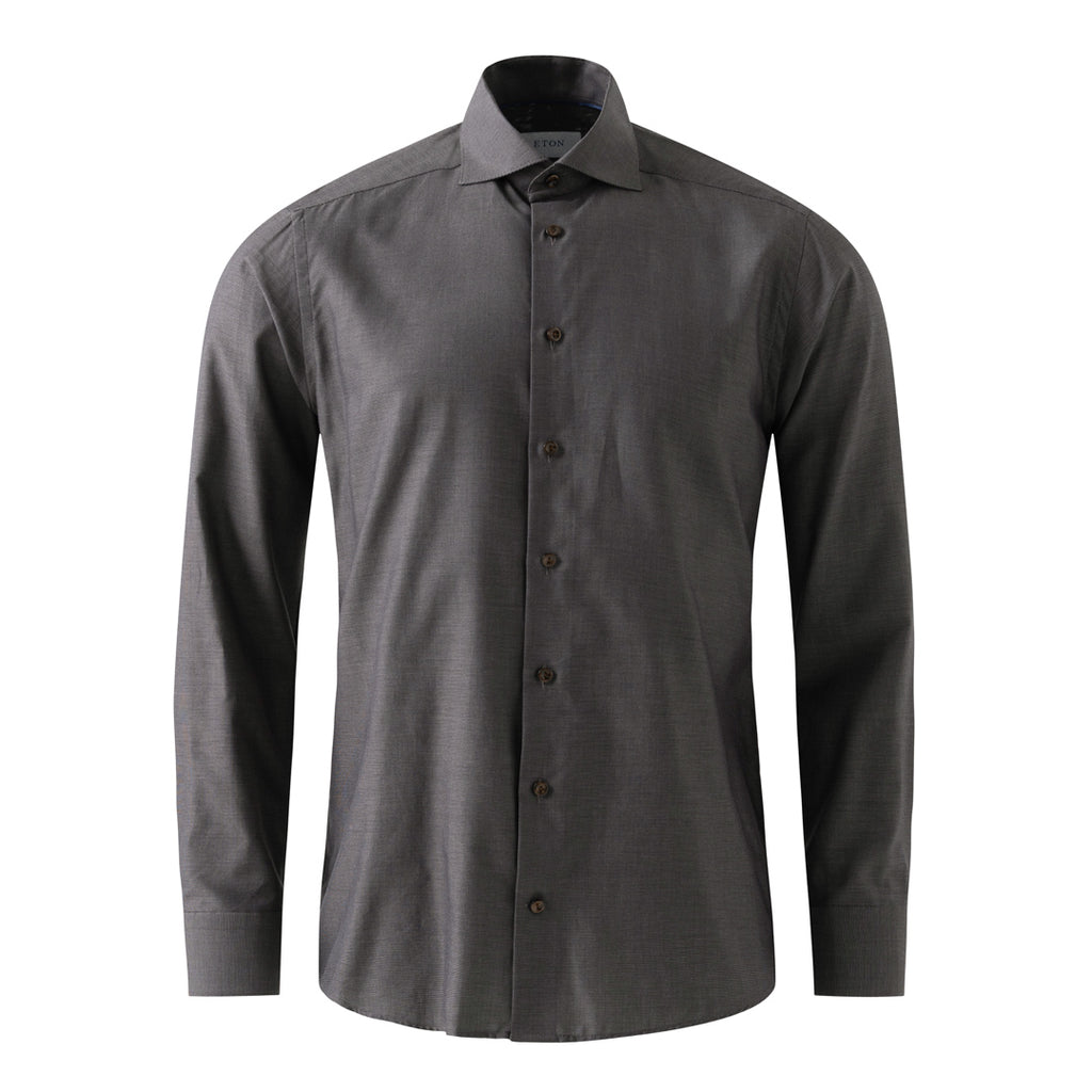 A dark grey long-sleeve button-down dress shirt with a classic collar, shown on a plain white background. Eton Shirt available at Sakks Menswear in Southampton.
