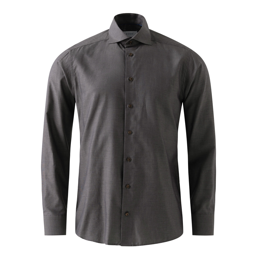 A dark grey long-sleeve button-down dress shirt with a classic collar, shown on a plain white background. Eton Shirt available at Sakks Menswear in Southampton.