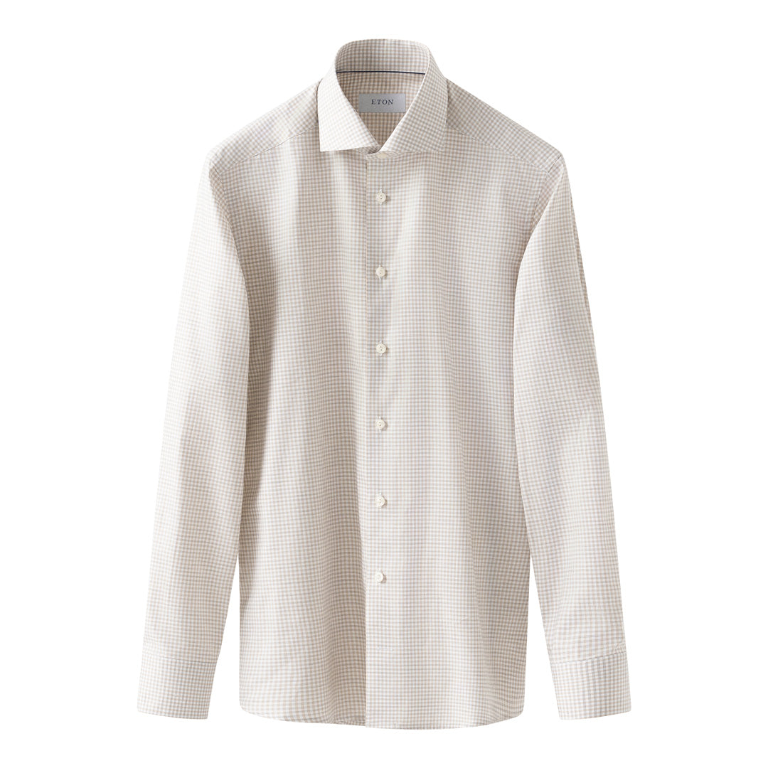 A long-sleeve button-up dress shirt by KLAS, featuring a small-scale beige and white micro-check pattern, displayed on a clean white background. Eton Shirt available at Sakks Menswear in Southampton.