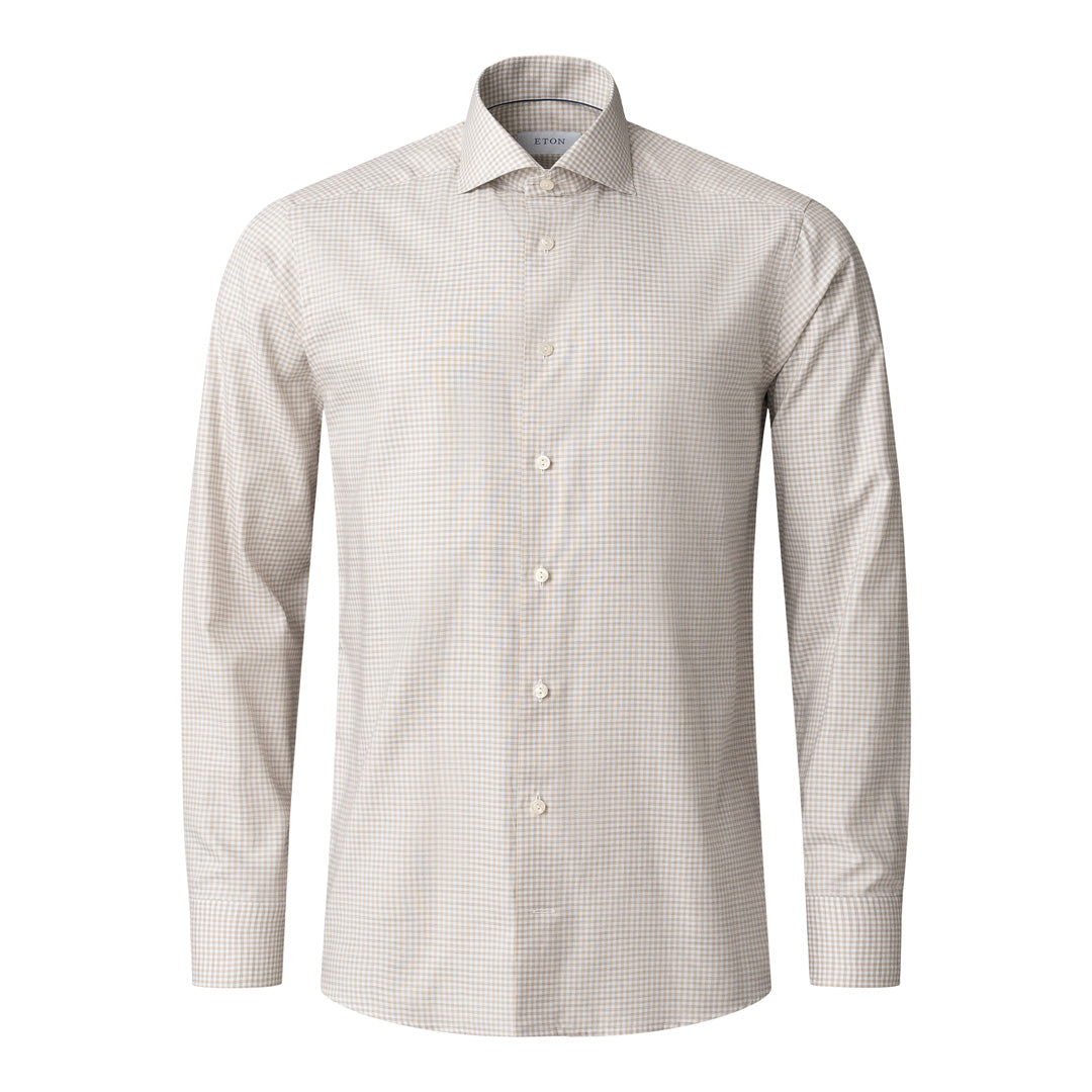 A long-sleeve button-down dress shirt with a fine beige and white micro-check pattern, displayed on a clean white background. Eton Shirt available at Sakks Menswear in Southampton.