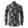 A long-sleeve button-up shirt with a black base and an all-over white floral and botanical print, displayed on a clean white background. Eton Shirt available at Sakks Menswear in Southampton.