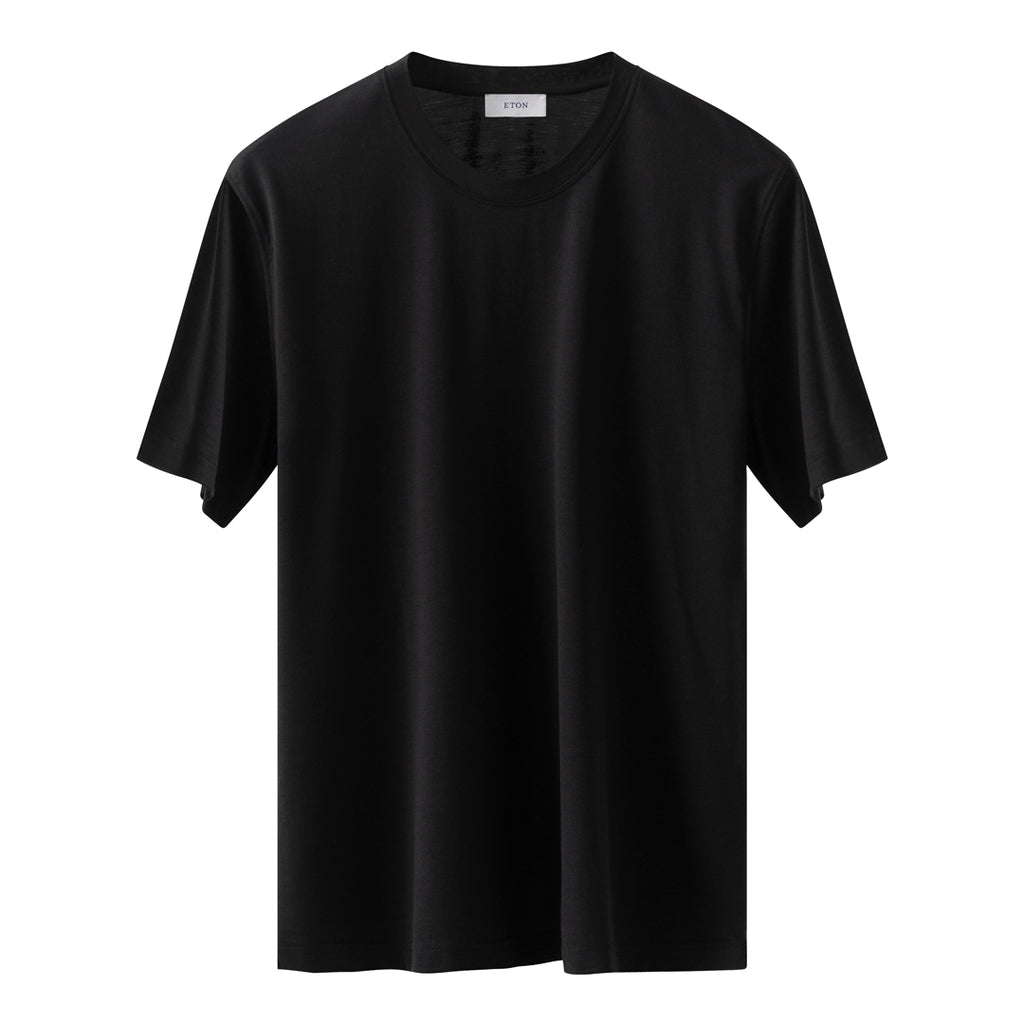 A plain black short-sleeve crewneck t-shirt displayed against a solid white background. Eton T-Shirt available at Sakks Menswear in Southampton.