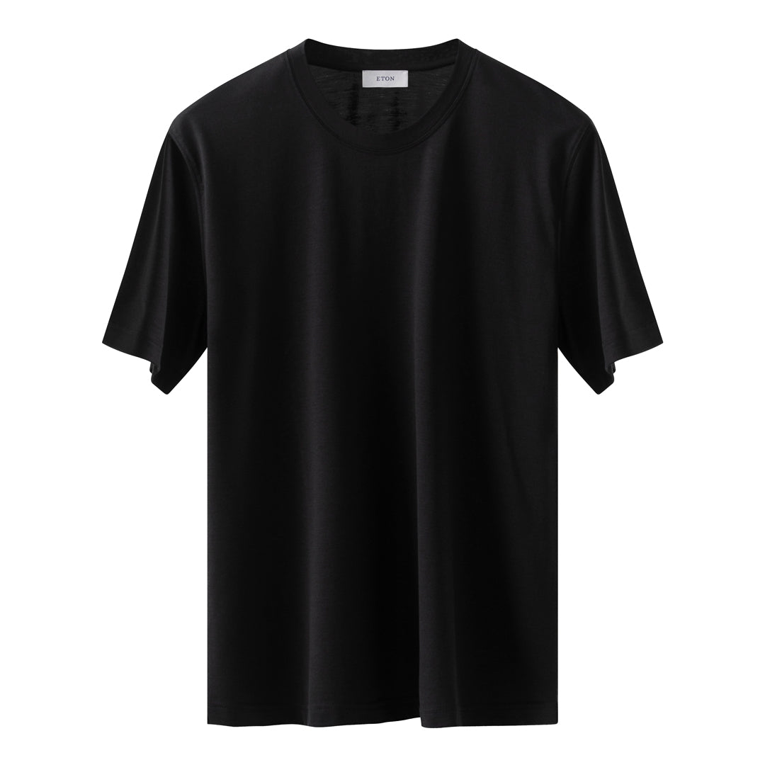 A plain black short-sleeve crewneck t-shirt displayed against a solid white background. Eton T-Shirt available at Sakks Menswear in Southampton.