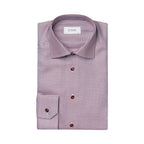 A folded ETON men's dress shirt with a fine micro-pattern of small pink and white dots, featuring dark brown buttons and a white neck label. Eton Shirt available at Sakks Menswear in Southampton.