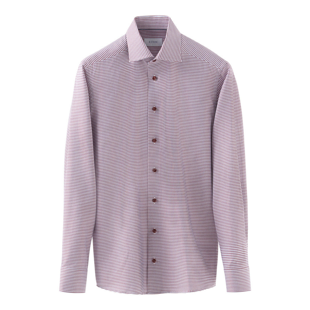 A long-sleeve button-down dress shirt with a fine horizontal stripe pattern in pink and white, featuring dark brown buttons and a classic collar. Eton Shirt available at Sakks Menswear in Southampton.