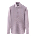 A long-sleeve button-down dress shirt with a fine horizontal stripe pattern in pink and white, featuring dark brown buttons and a classic collar. Eton Shirt available at Sakks Menswear in Southampton.