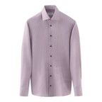 A long-sleeve button-down dress shirt with a fine horizontal stripe pattern in pink and white, featuring dark brown buttons and a classic collar. Eton Shirt available at Sakks Menswear in Southampton.