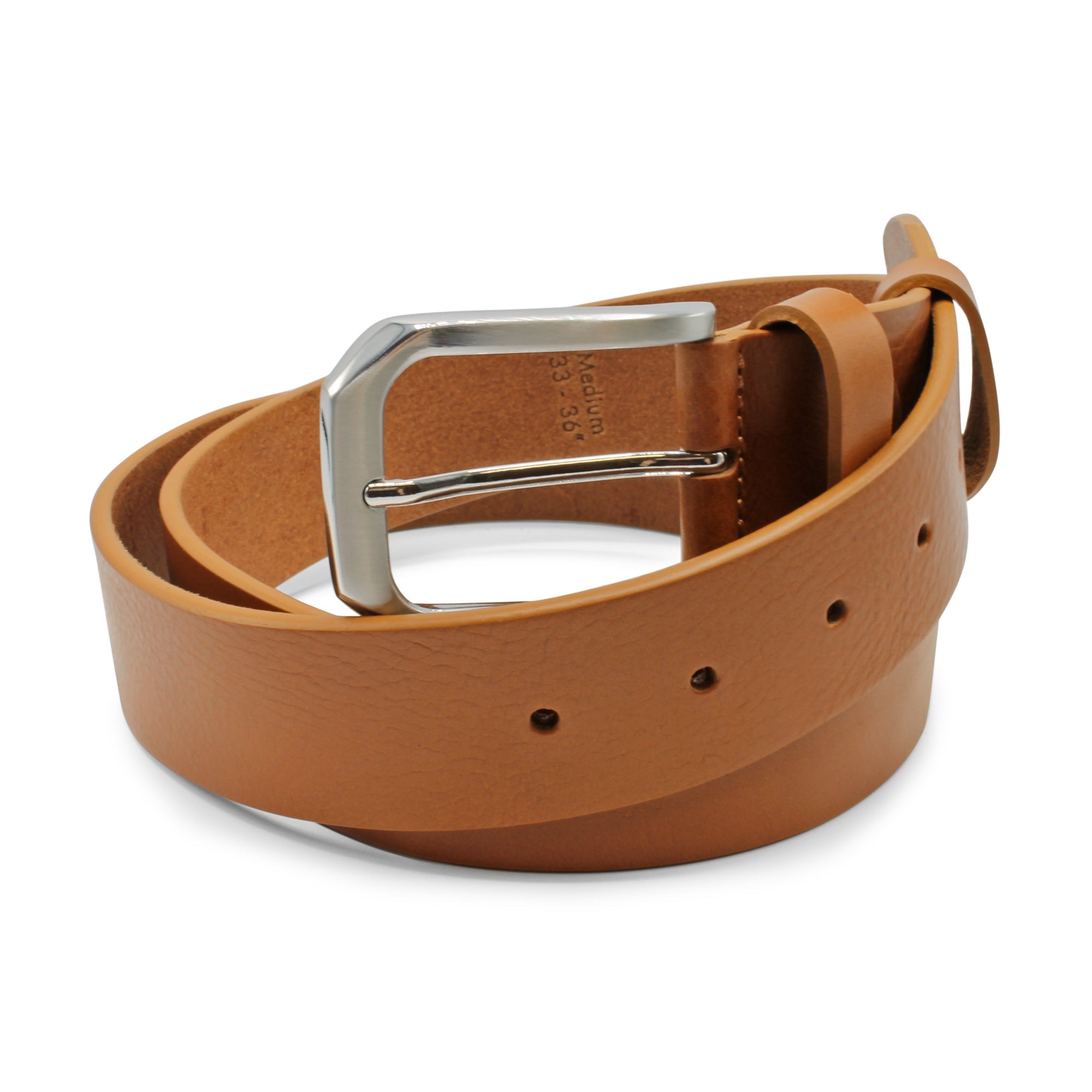 A tan leather belt with a silver-tone metal buckle, coiled on a white background. Huxley Tanner Belt available at Sakks Menswear in Southampton.