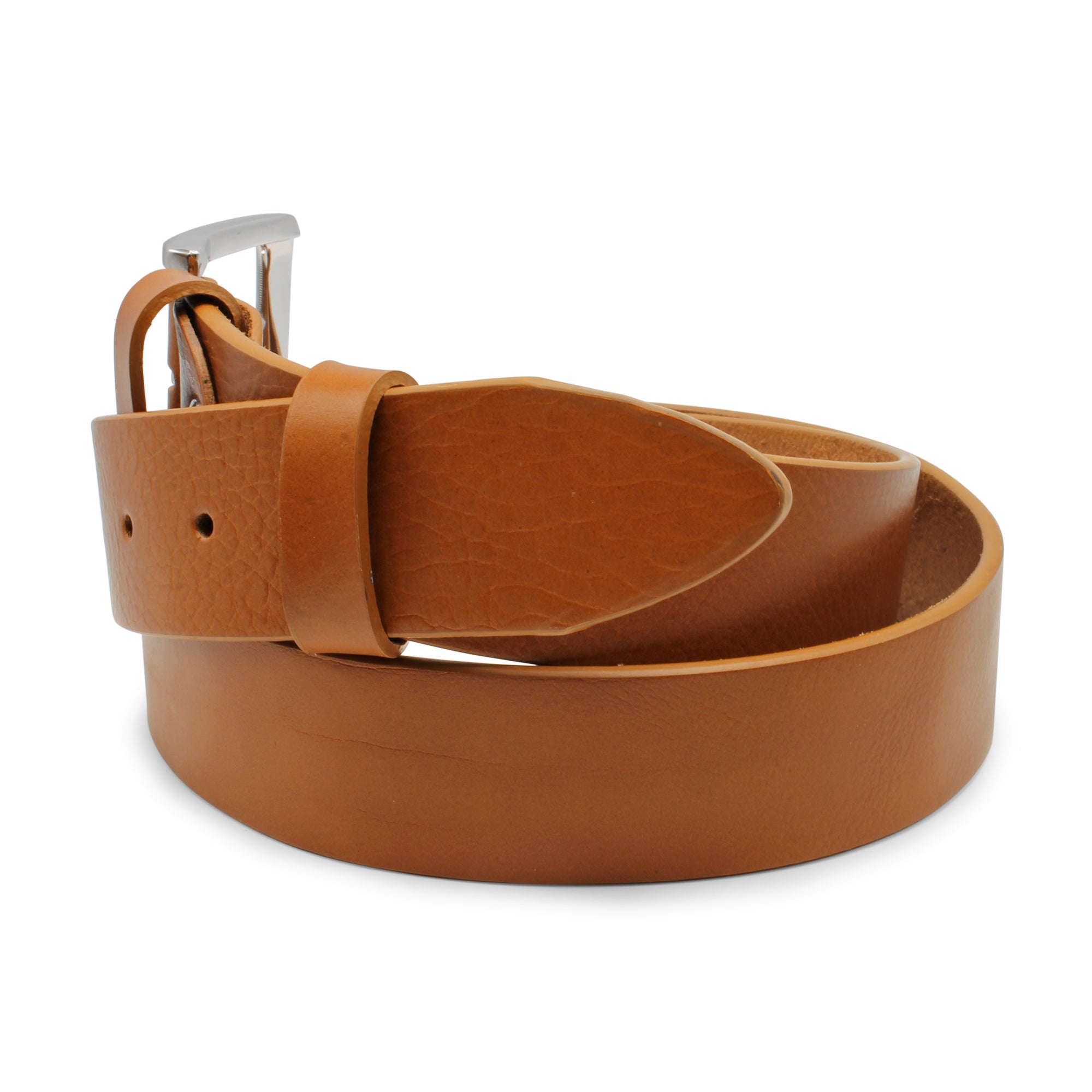 A coiled tan leather belt with a silver-tone metal buckle, displayed on a clean white background. Huxley Tanner Belt available at Sakks Menswear in Southampton.