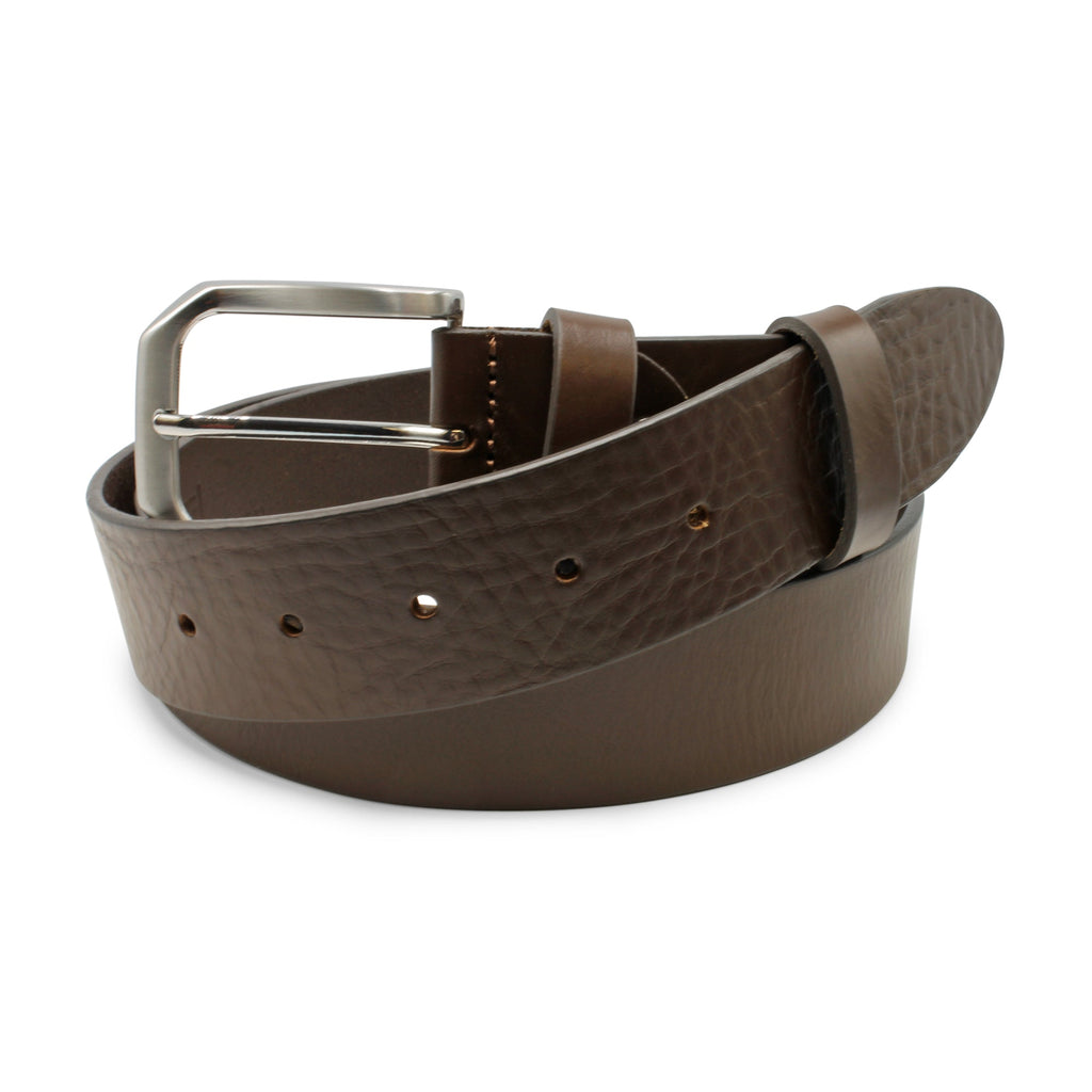 Brown leather belt with a silver buckle on a white background. Huxley Tanner Belt available at Sakks Menswear in Southampton.