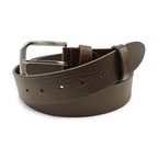Brown leather belt with a silver buckle on a white background. Huxley Tanner Belt available at Sakks Menswear in Southampton.