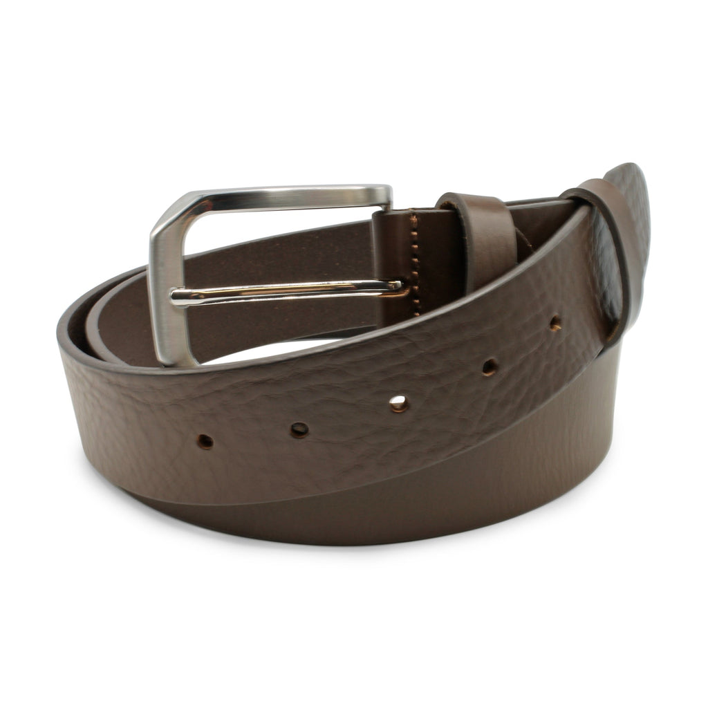 Brown leather belt with a silver buckle on a white background. Huxley Tanner Belt available at Sakks Menswear in Southampton.
