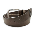 Brown leather belt with a silver buckle on a white background. Huxley Tanner Belt available at Sakks Menswear in Southampton.